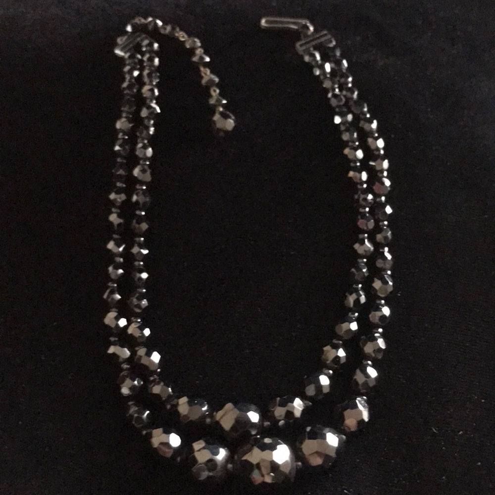 Graduated double strand Jet Black Glass Necklace, made in GERMANY